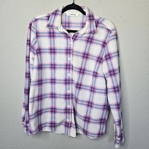Lee Riders Flannel Shirt Womens Medium Fleece‎ White Pink Blue Plaid Warm Cozy